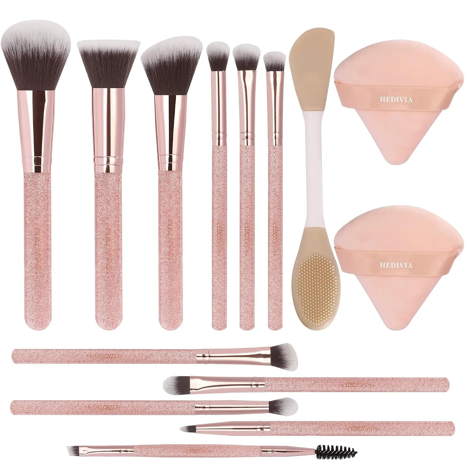 14-Piece Professional Pink Synthetic Makeup Brush Set - Foundation, Concealer, Powder, Blush, Eyeshadow Brushes with 2 Powder Puffs & Dual-Ended Mask Applicator, Gift for Women