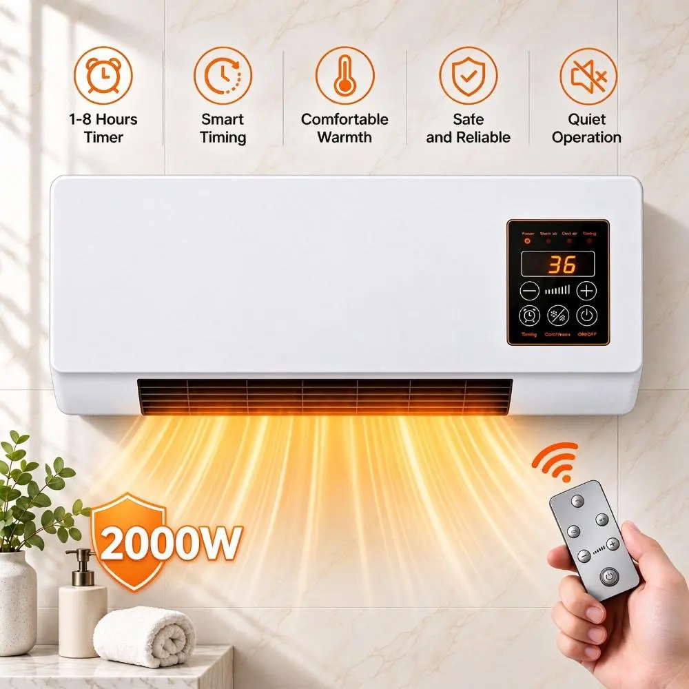 Wall Heater, Electric Space Heater for Bedroom 2000W Electric Heater, Heating Fan, LED Display, Adjustable Thermostat, Timer, Safety Protection, Quiet Fan-less Design