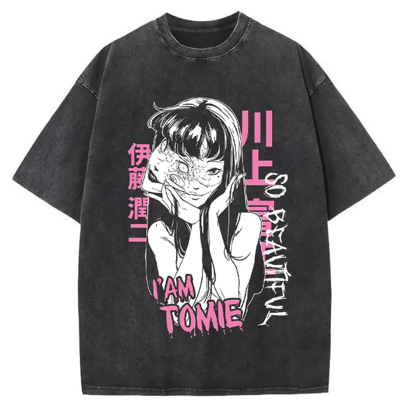 Junji Ito Tomie Anime Graphic Tee 100% Cotton Washed Oversized T-Shirt Y2K Gothic Streetwear Graphic Tshirt, Unisex Grunge Top