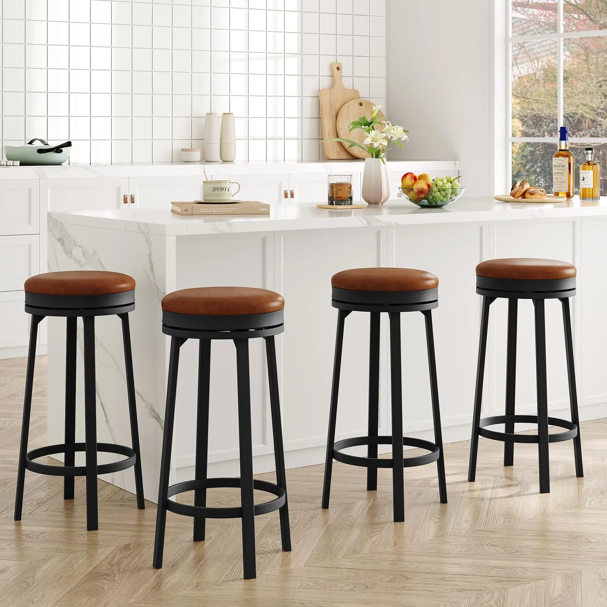 360° Swivel Bar Stool Set of 4, PU Leather Upholstered Counter Height Bar Stool with Metal Footrests, Mid Century Modern Barstool for Kitchen, Dinig Rooms, Apartments