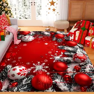 Christmas Snowflake and Ornament Pattern Area Rug Machine Washable Red and White Design with Festive Baubles and Snowflakes Perfect for Living Room Bedroom Entryway and Dining Area High-Quality Decorative Floor Mat Christmas Decorations