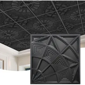 Ceiling Tiles 24"x24", Modern Geometric Textured PVC Panels,  & Recyclable Drop or Glue-Up Decorative Ceiling Tiles for  & Commercial Use (Pack of 12, Black)