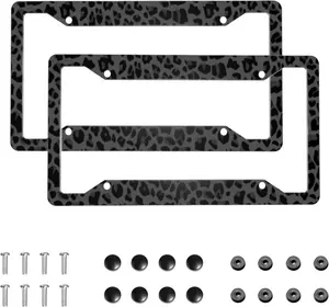 Black Leopard Print License Plate Frames, 2 Pack Cheetah Rust-Proof Aluminum License Plate Holder, Car Decorative Tag Frames with Screws Fasteners Caps fits Standard US Vehicles Size 12.3 X 6.3 in
