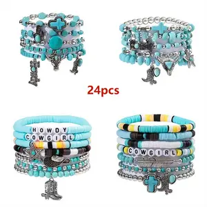 4 Sets Totao 24pcs Boho Turquoise Beaded Handmade Bracelet Set, Western Country Cowgirl Boot Hat Stacking Elastic String for Men Women, Vintage Style, Zinc Alloy, Cowboy Accessories | Vintage Style Bracelets | Zinc Alloy Bracelets, Cowboy Accessories
