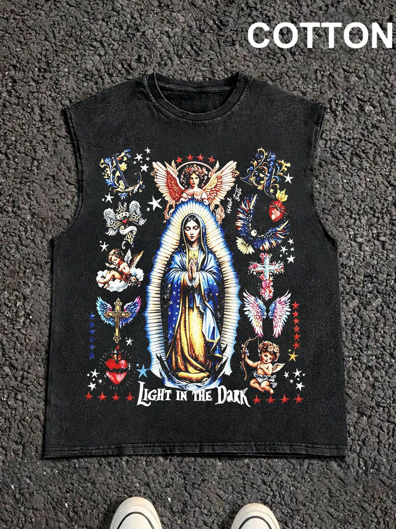 1 PCS Unisex Men Women Soft Cotton Sleeveless Tank Top Our Lady Virgin Mary Cherub Angel Sacred‑Heart Cross Tattoo Graphic Print Light‑In‑The‑Dark Vintage Religious Oversized Loose‑Fit Casual Two‑Color Street‑Fashion Sleeveless Vest Tops