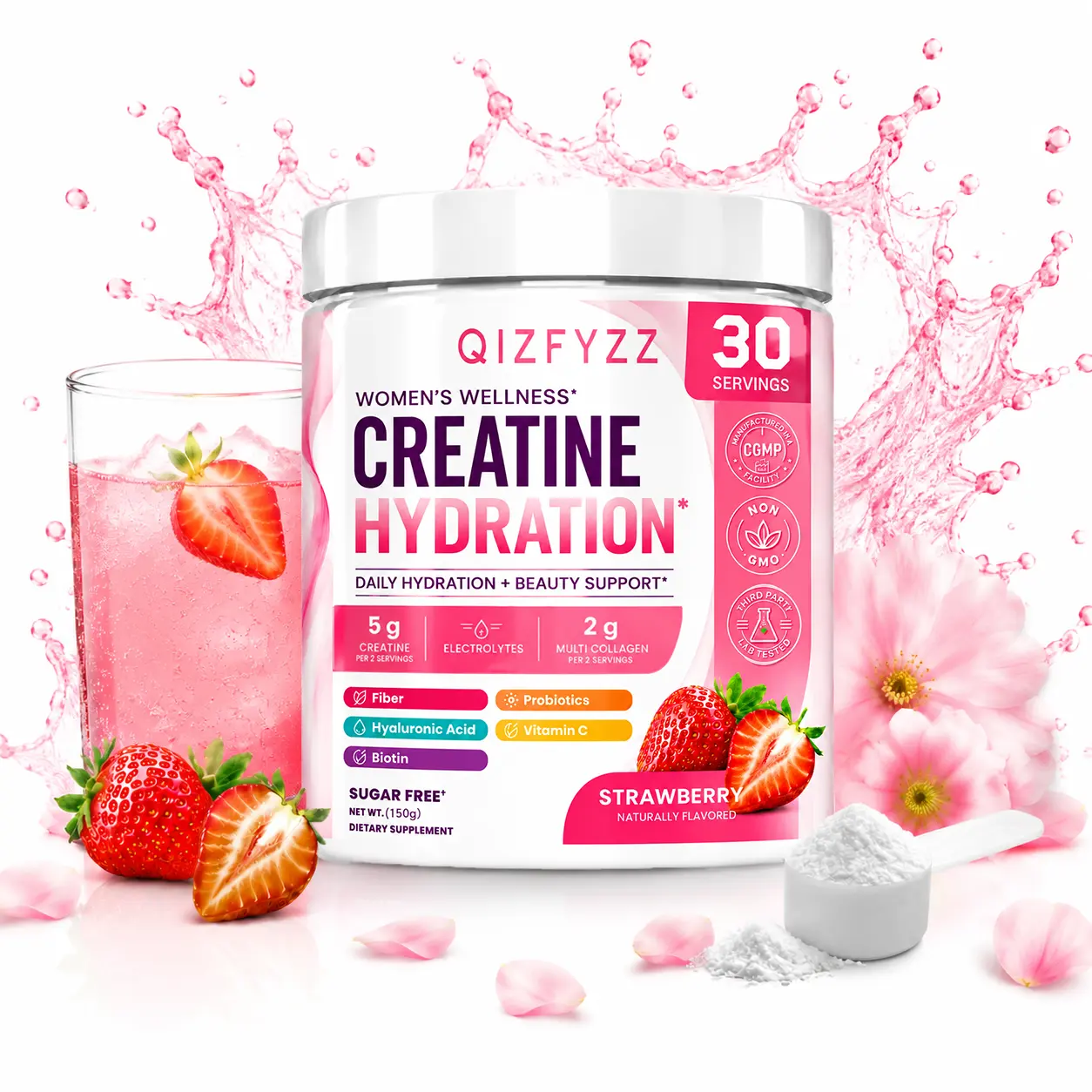 Hydration & Performance Creatine for Women – Strawberry Peach Flavor | Supports Muscle Recovery, Skin & Gut Health | 5g Creatine + Electrolytes + Collagen | With Probiotics, Hyaluronic Acid, Vitamin C & Biotin | 30 Servings | Gluten-Free, Non-GMO