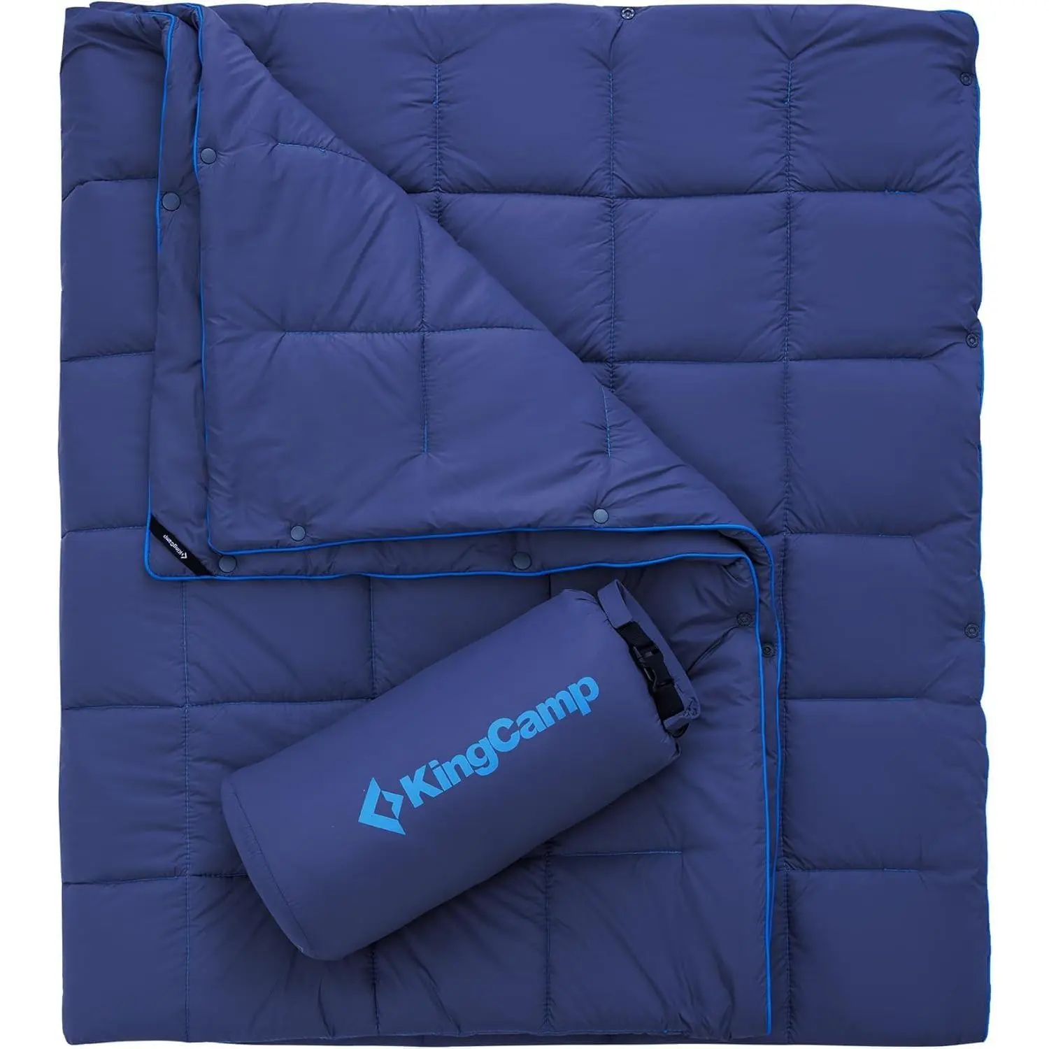 KingCamp Ultralight Camping Blanket – Compression Sack, Thermal Portable Down-Alternative Puffy Wearable with Snap Buttons, Weatherproof Warm Quilt for Outdoor Hiking, Travel (69" L x 53" W, Navy), Compression Sack Blankets, Portable Blankets
