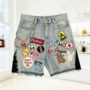 Retro Patchwork Denim Shorts Men Women Y2K Streetwear Loose Fit Graphic Jean Shorts Hip Hop Casual Outdoor Summer Shorts,summervibes Menswear Classic