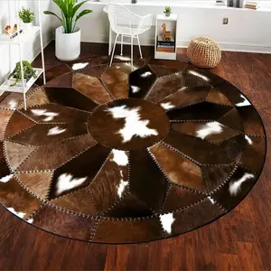 Round Cowhide Texture Carpet, Vintage American Ethnic Style Rug, Bohemian Style Rugs, Boho Area Rug, Decorative Rug, Animal Print Rug, Soft Comfortable Plush Foot Pad, Hand Wash Only, for Living Room Bedroom, Cow Print Rug