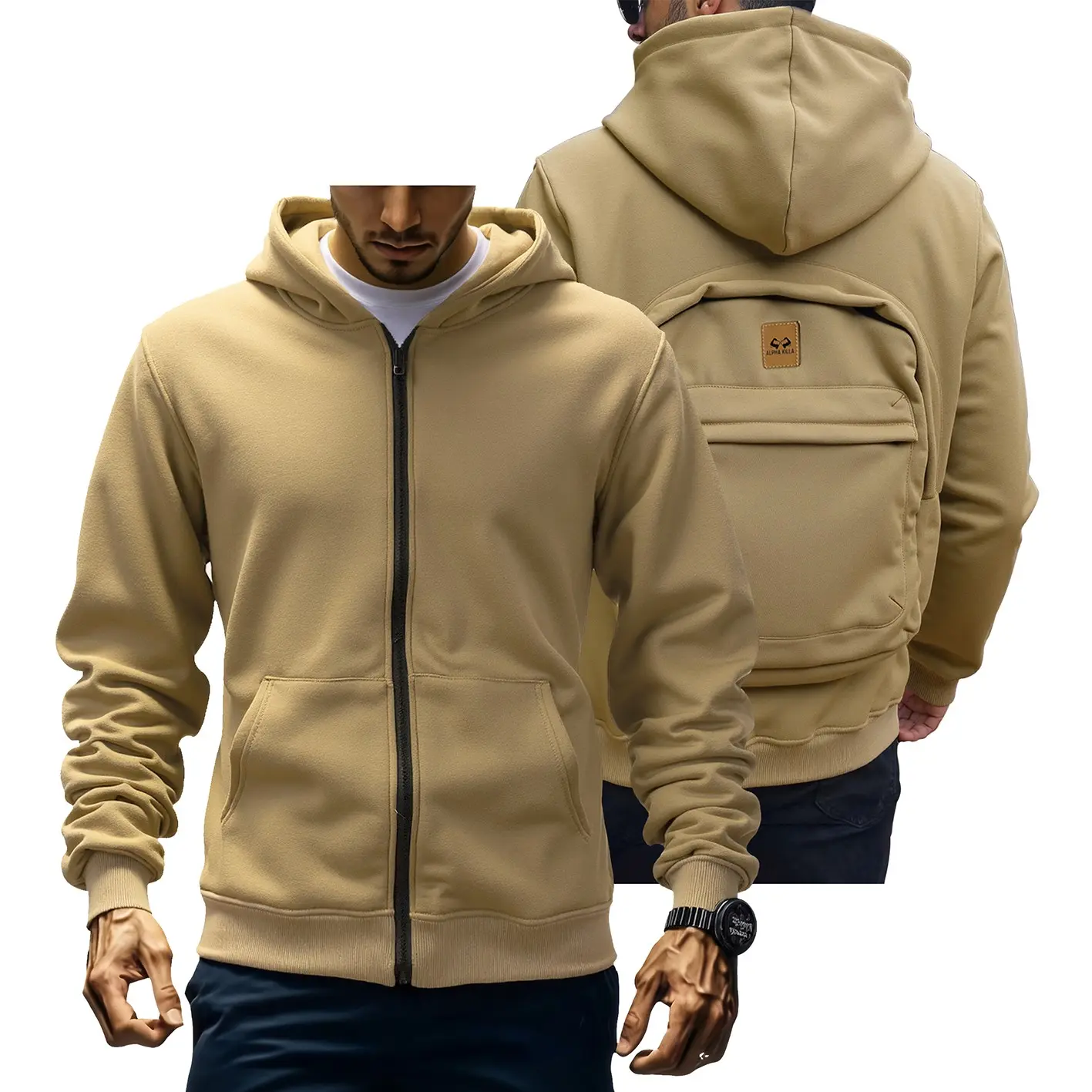 Men's 3D Backpack Hoodie, built-in book compartment - Convertible sweater jacket design, zippered pockets and hooded streetwear style, perfect for travel and everyday use - Hands-free backpack and jacket (no belt/tie), hoodie with integrated backpack
