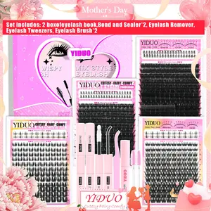YIDUO 2 Box Eyelash Kit 2 Pcs Bond and Seal | 646 Pcs Eyelash Extension Kit 200D + 300D + Fluffy Lash Clusters + Wispy + Bottom Lash Clusters Mix Style D Curvature Volume Soft Individual False Eyelashes With Remover & Tweezers | Perfect for Beginners