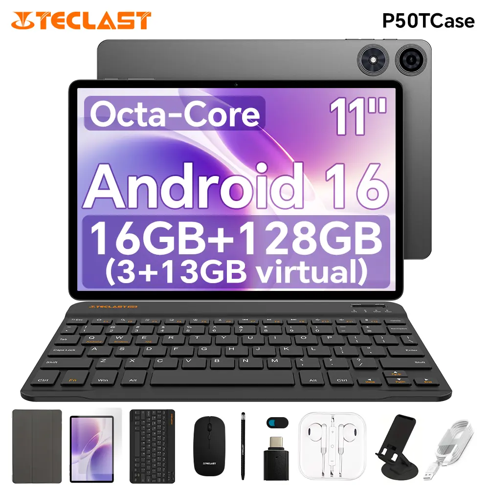 TECLAST P50TCase 2026 Android 16, 11-inch Tablet, 16GB RAM + 128GB Expandable Storage, Large IPS Screen, 8000mAh Battery, 5G WiFi, tablet bundle, Portable Device with Keyboard, Mouse, Case, Stylus, Dual Camera, Ideal for School, Work