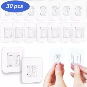 30-Pack Multipurpose Clear Adhesive Hooks | Punch-Free Heavy-Duty | Kitchen Bathroom Bedroom School Home Storage Hanger