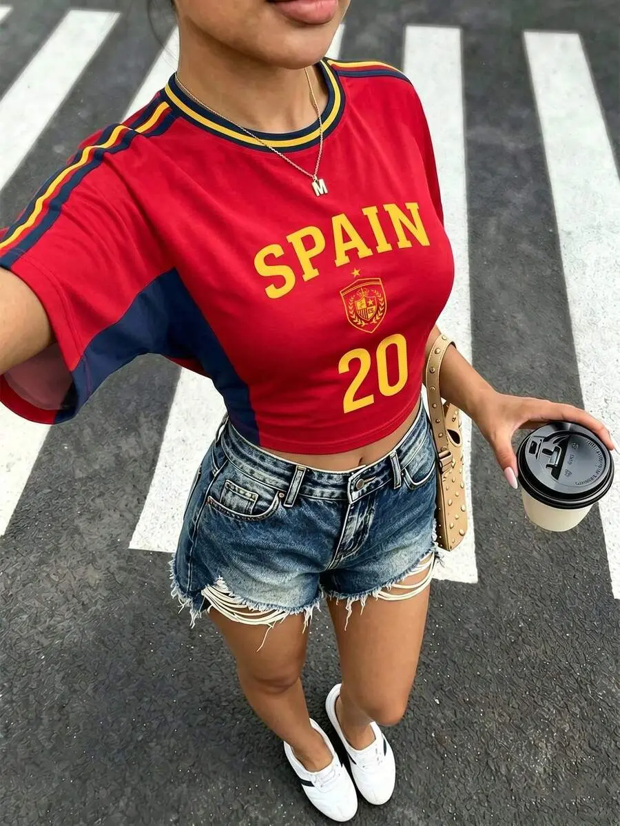 Women's Spain Flag Jersey Top, Round Neck Short Sleeve Slim Fit Tee, Red Blue Yellow, Summer Outing & Daily Wear