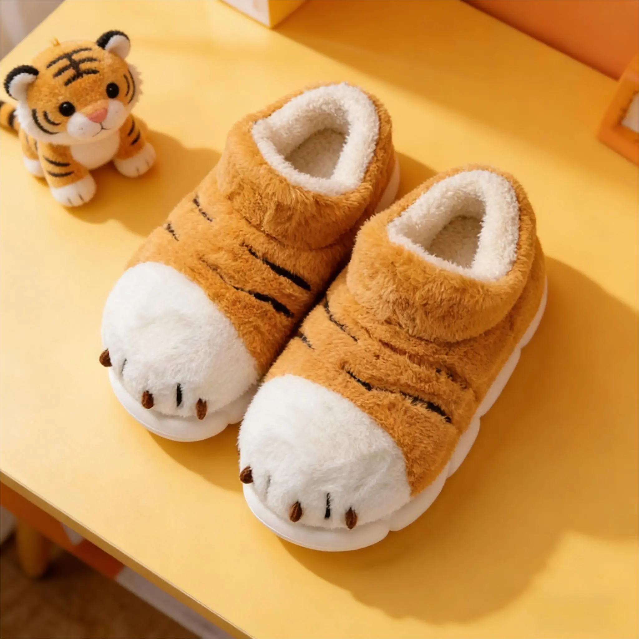 Women's Tiger Print Soft Plush Ankle Slippers - Fabric Upper, TPU Sole, Warm Casual Footwear for Women, Slippers For Women, Animal Print