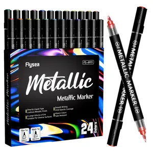 12/24 Color Metallic Acrylic Paint Markers, Dual Tip Acrylic Metallic Markers Set (Brush & Fine), Glitter Paint Pens for Black Paper, Rock Painting, Glass, Wood, Ceramic,Arts and Crafts, Painting Supplies