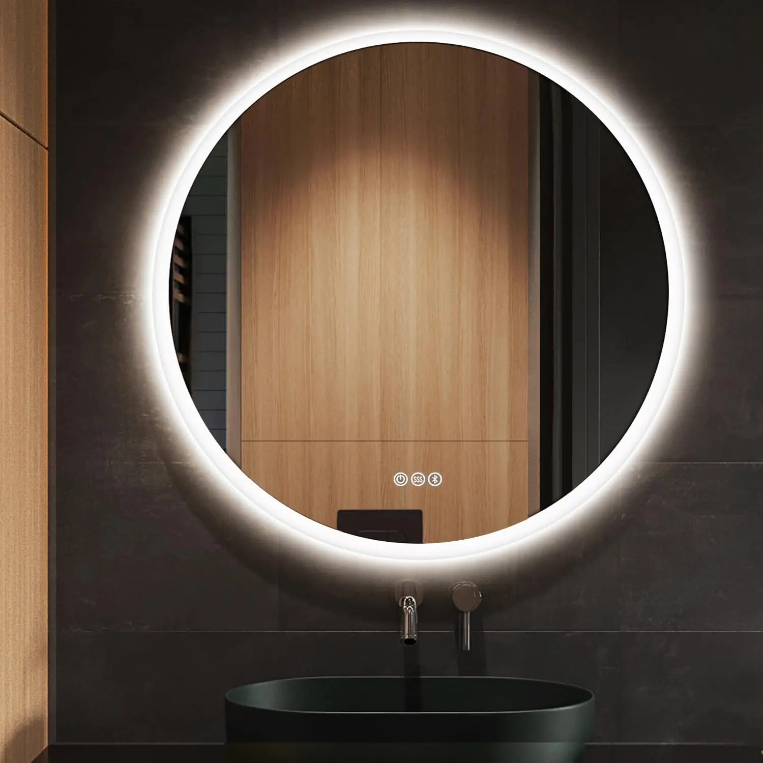 S·BAGNO 32’’ Round Led Bathroom Mirror with Lights, Wall-Mounted Vanity Mirror, 3000K/4000K/6500K, Inside Bluetooth Speaker Anti-Fog Dimmable Smart Mirror