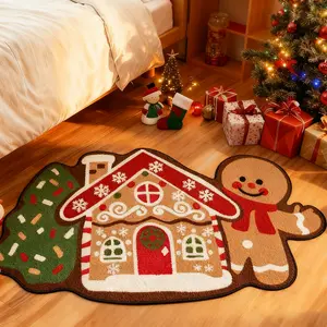 Christmas Decoration Carpet Gingerbread Man Shape Holiday Gift Living Room Bedroom Rug, Boho Area Rug, Soft Non-Slip Washable Welcome Mat