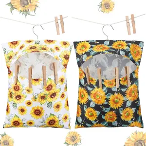 2 Pcs Clothespin Bag with Hanging Hook Waterproof Laundry 13" x 12" Clothes Pin Holder Hanging Bag with Large Opening Clothespin Storage Organizer for Summer Clothesline Outdoor(Sunflower)