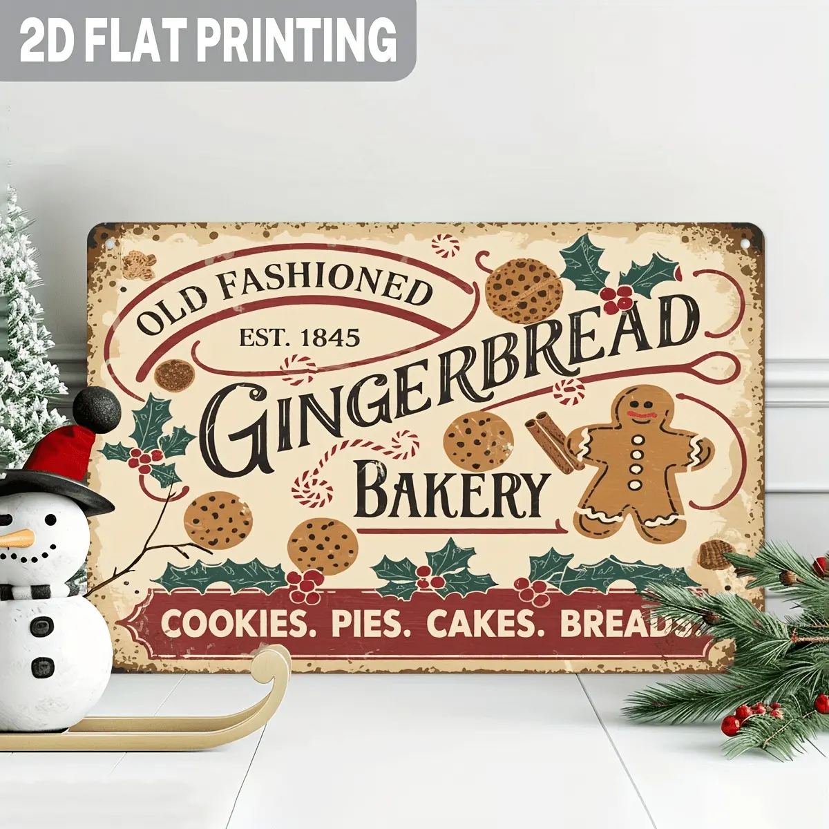 2D Flat, 1pc Vintage Gingerbread Bakery Metal Sign - 8x12 Inch Rustic Farmhouse Wall Art with Gingerbread Men, Cookies & Pies Design, Christmas Kitchen & Living Room Decor, No Electricity Needed, Easy to Hang, Gingerbread Christmas Decorations