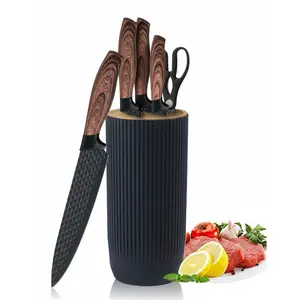 Kitchen Knife Set, 6 Pieces Black Sharp Knife Set for Kitchen, Non-stick Non-slip Stainless Steel Chef Knife Set with Universal Knife Block Suitable for Home Restaurant, Stainless Steel Cooking Knives