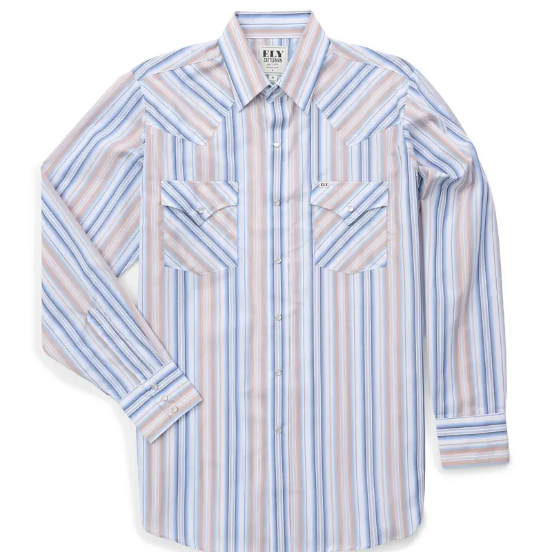 Men's Ely Cattleman Long-Sleeve Striped Western Snap Shirt - Polyester-Cotton Fabric, Casual Button Collared Top with 2 Pockets, Classic Cut Pearl Snaps, Cowboy Shirts for Old West Menswear