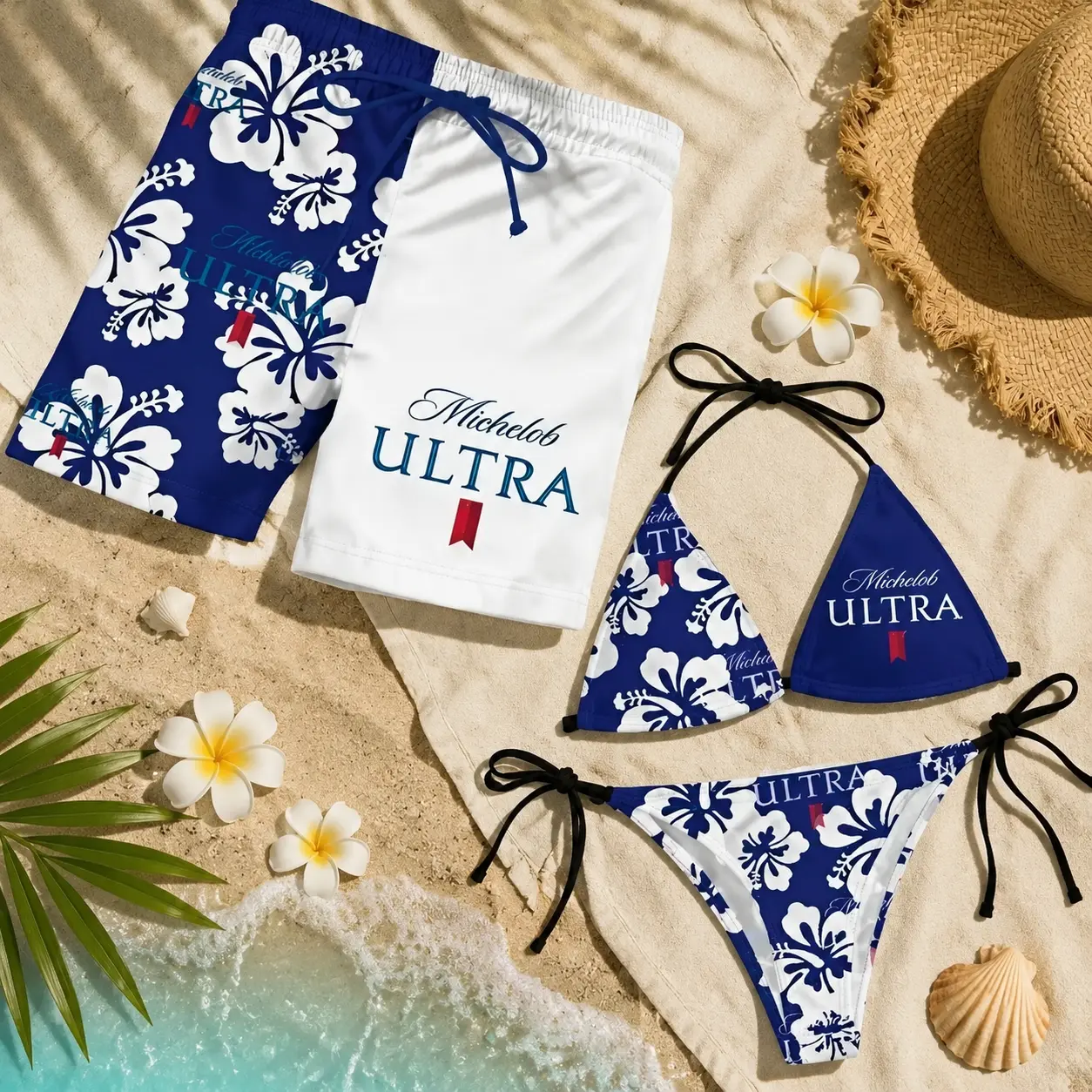 Matching Floral #Michelob Ultra Swimsuits for Couples – Swim Bra & Tie Side Thong Bikini + Men's Beach Shorts, Summer Vacation Swimsuit
