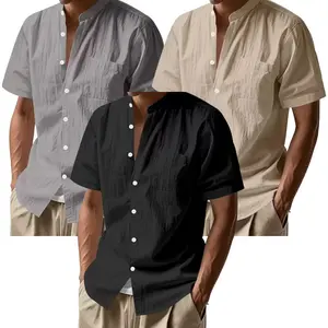 3-pack men’s linen solid-color short-sleeve shirts, stand collar, with pockets, lightweight for summer, breathable and comfortable, suitable for daily commuting and outdoor activities, simple and versatile for beach wear.Summervibes