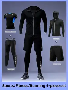 Men's Casual Sports Set, Breathable Short Sleeve Tee, Reflective Zip Hoodie Jacket, Shorts & Leggings, Quick-Dry Fabric for Running Gym Outdoor Activities
