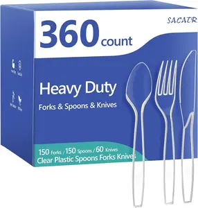 SACATR 360 Count Plastic Silverware Heavy Duty - Forks, Spoons, Knives, BPA-Free, Disposable Utensils Set, Plastic Cutlery Set, Plasticware for Wedding Party