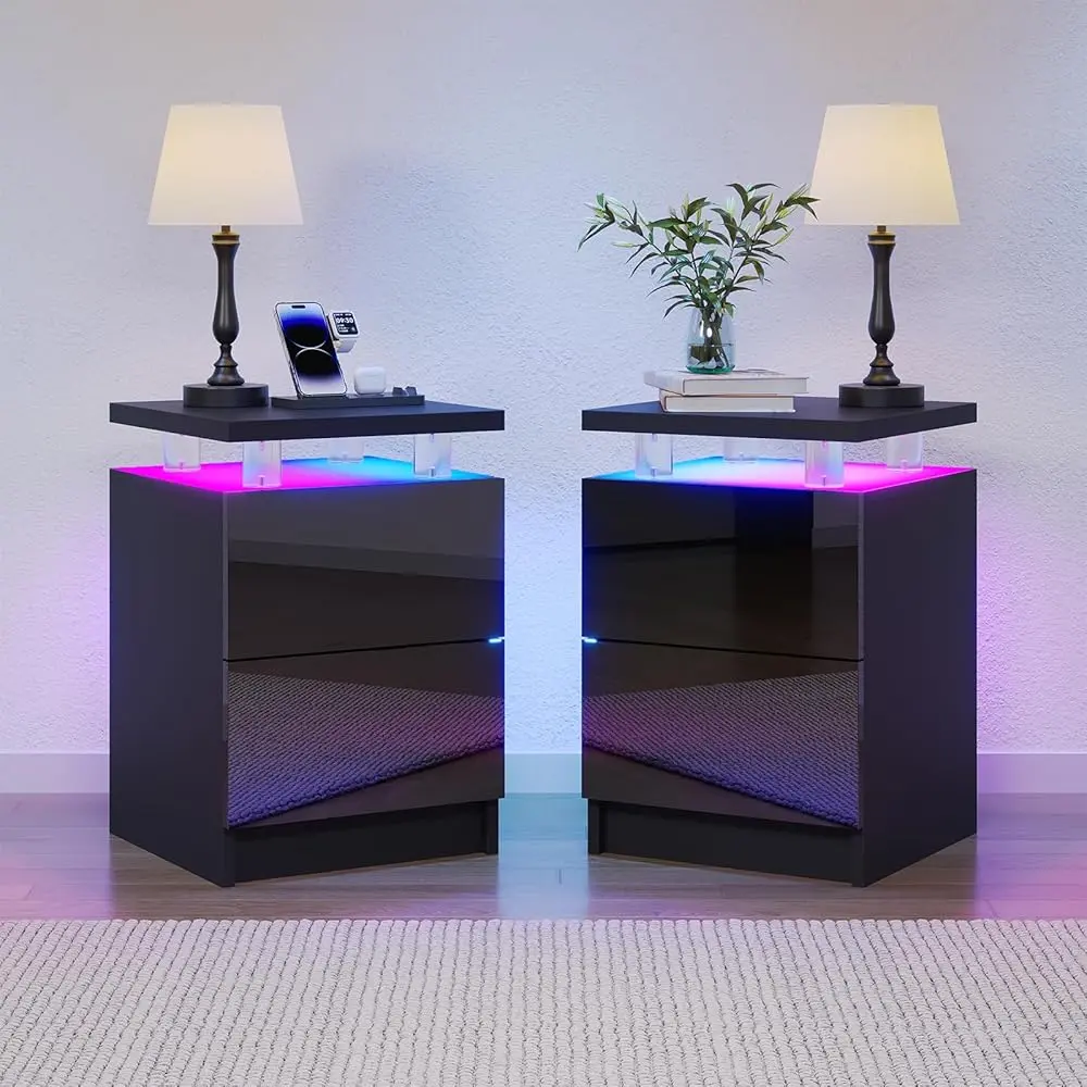 15-in LED Nightstand Sets (2-Piece, Black Modern) - Bedroom Side Tables with 2 Storage Drawers, Compact Indoor Furniture for Small Spaces, Nightstand with Lights, Apartment Stuff to Light Up Your Space