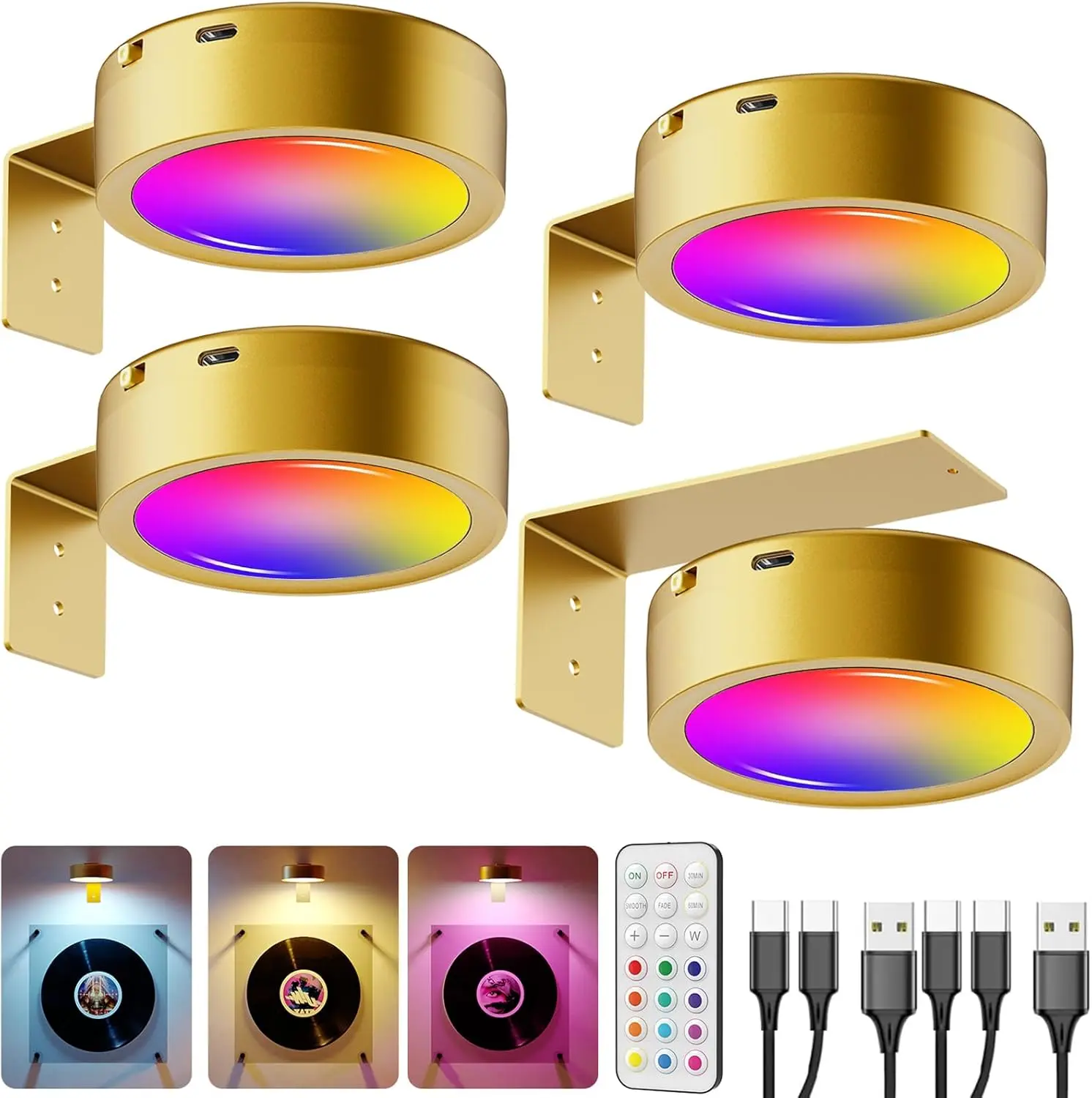 Gold Wireless Picture Lights for Wall, 2600mAh Rechargeable Battery Operated Art Light, RGB Color Changing LED Puck Lights with Remote Timer, Dimmable Cordless Gallery Wall Sconces for Canvas Paintings Photo Frames Displays, Aesthetic Room Decor Lightings