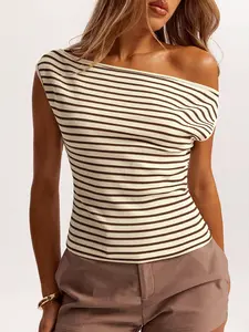 1 Piece Retro Vintage Casual Style One-Shoulder Sleeveless Slim Fit Striped Waffle Knit Top Womenswear