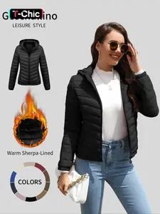 Geschallino Women's Lightweight Fitted Long Sleeve Winter Cotton Jacket with Pockets, Casual Fall & Winter Hooded Coat for Daily Commute Outerwear
