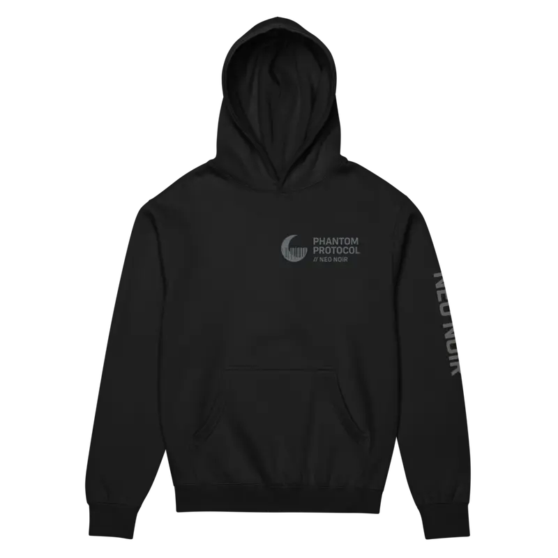 Neo Noir Phantom Hoodie - Stealthy Heavyweight Fleece with Glitch Aesthetics & Raven Silhouette Design - Medium Fit - Minimal Crescent Barcode Logo & Striking Back Design