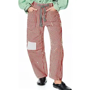 Barrel Jeans for Women Striped Drawstring Patchwork Pants Wide Leg Boyfriend Denim Pants