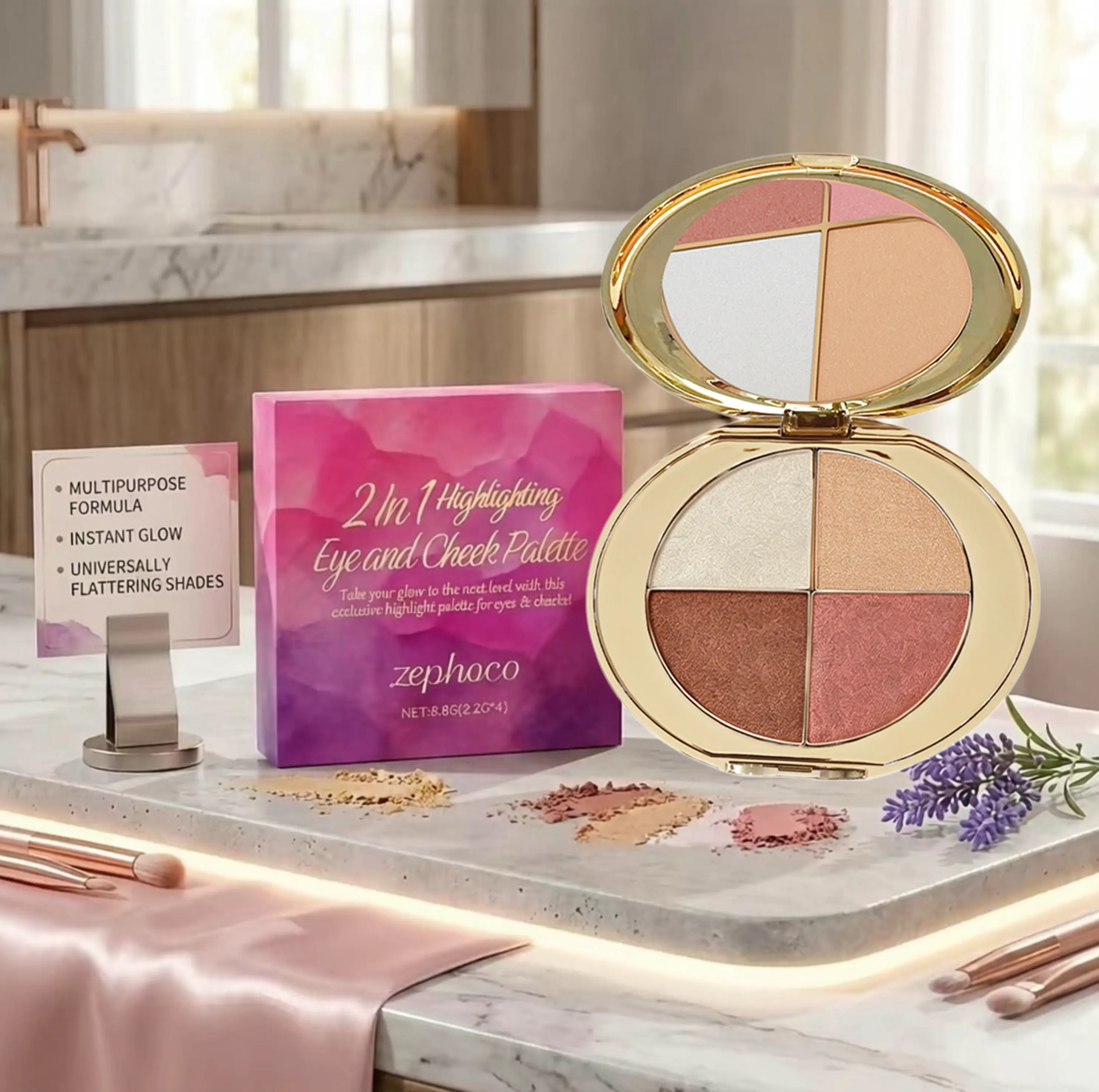 Eyes & Cheeks Makeup Palette | Eyeshadow, Blush & Highlighter | Long-Lasting & Blendable Powder Cosmetic blush palette color Multi-Use shadow makeup product diamond texture