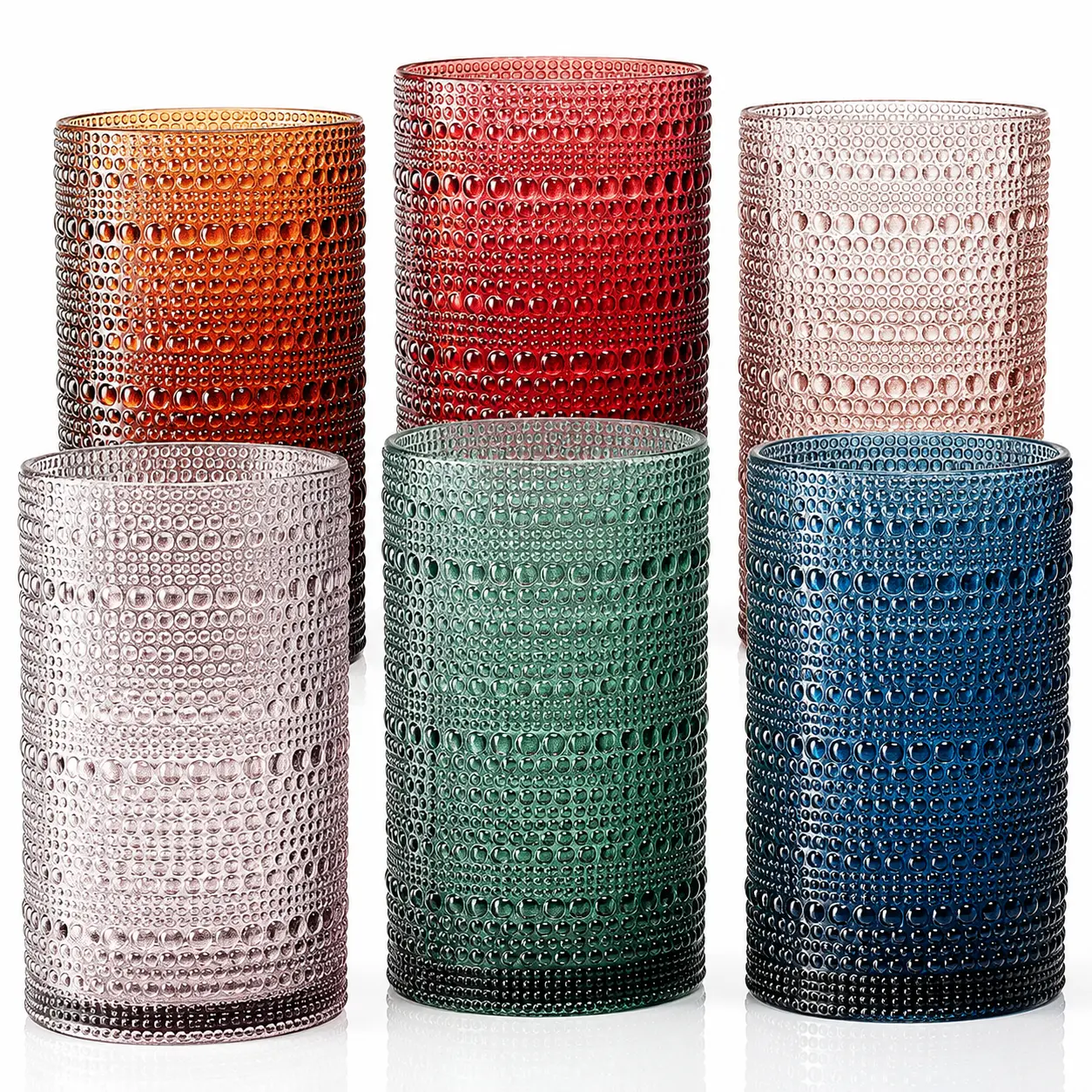 Khen Plastic Hobnail Drinking Highball Glasses Set of 6 Neutral Tones Cups 14oz, Shatterproof & Unbreakable Acrylic Beaded Design, BPA-Free, Dishwasher Safe Indoor/Outdoor Drinkware Water, Cocktails