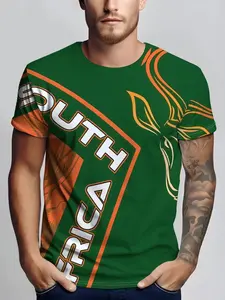 Men's South African Theme Short Sleeve T-Shirt, Polyester Fabric Casual Regular Fit, Striped Pattern Fashion Summer Top, Comfortable Men's Clothing