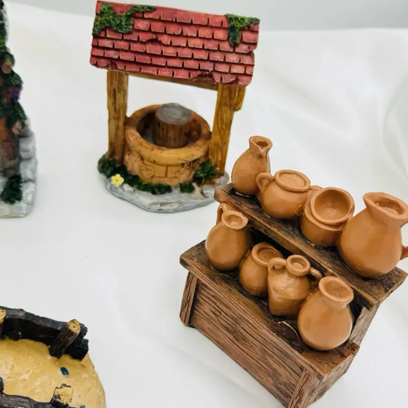 4-Piece Hand-Painted Resin Nativity Village - Religious Home Decor with 6 in Natural Wood Water Well, Wooden Bridge - Home Ornament, Traditional Christmas Gift