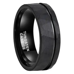 Yonifu 8MM Tungsten Carbide Engagement Ring with Hammered Offset Groove for Men's Wedding Band