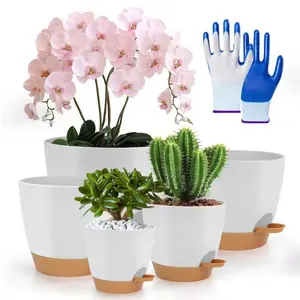Set of 5 Self-Watering Plant Pots (7", 6.5", 6", 5.5", 5") – Plastic Flower Pots for Indoor & Outdoor Succulents, Includes Nitrile Gloves