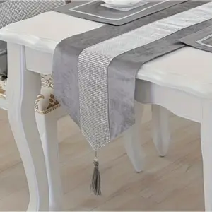 1 PCS Sequin Rhinestone Fringe Table Runner + 4 PCS Placemats | Artificial Diamond Striped Tablecloth Set | Dining Kitchen Table Decor
