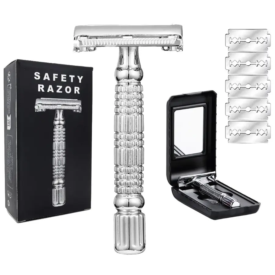 Double-Blade Safety Razor Old Metal Shaving Machine, Wet Shave Butterfly Twist Open Men Women 5 Blades and Mirror, Classic Grooming Tool Gift, Shaving Razors