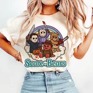 Women's Short-Sleeve Round Neck Halloween T-Shirt - Funny Scary Care Bear Graphic Top, Horror Movie Character Vintage Trendy Tee