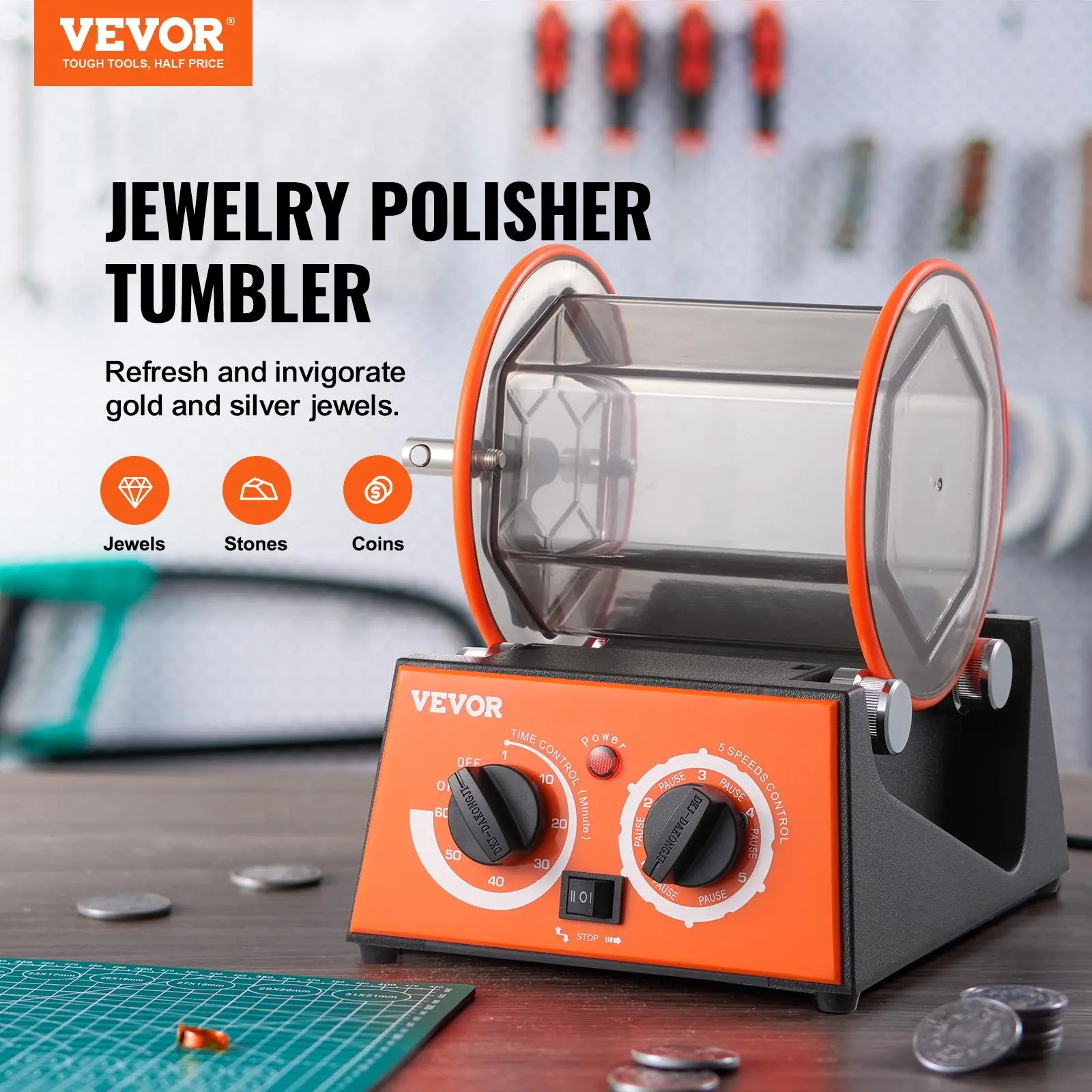 【summerfinds】VEVOR Jewelry Polisher Tumbler, 6.6lbs/3kg Capacity Mini Rotary Tumbler Machine with 0-60 Minutes Timer, 5 Speeds Jewelry Rotary Finisher for Surface Polishing Grinding Buffing Gemstones Jewels Coins, Rotary Polisher Polishers