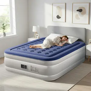 【Summervibes】18 Inch Queen Size Air Mattress With Built-In Pump, Elevated Comfort Air Mattress, Quick Inflate/Deflate Air Mattress For Family Guests Camping, Blue&White