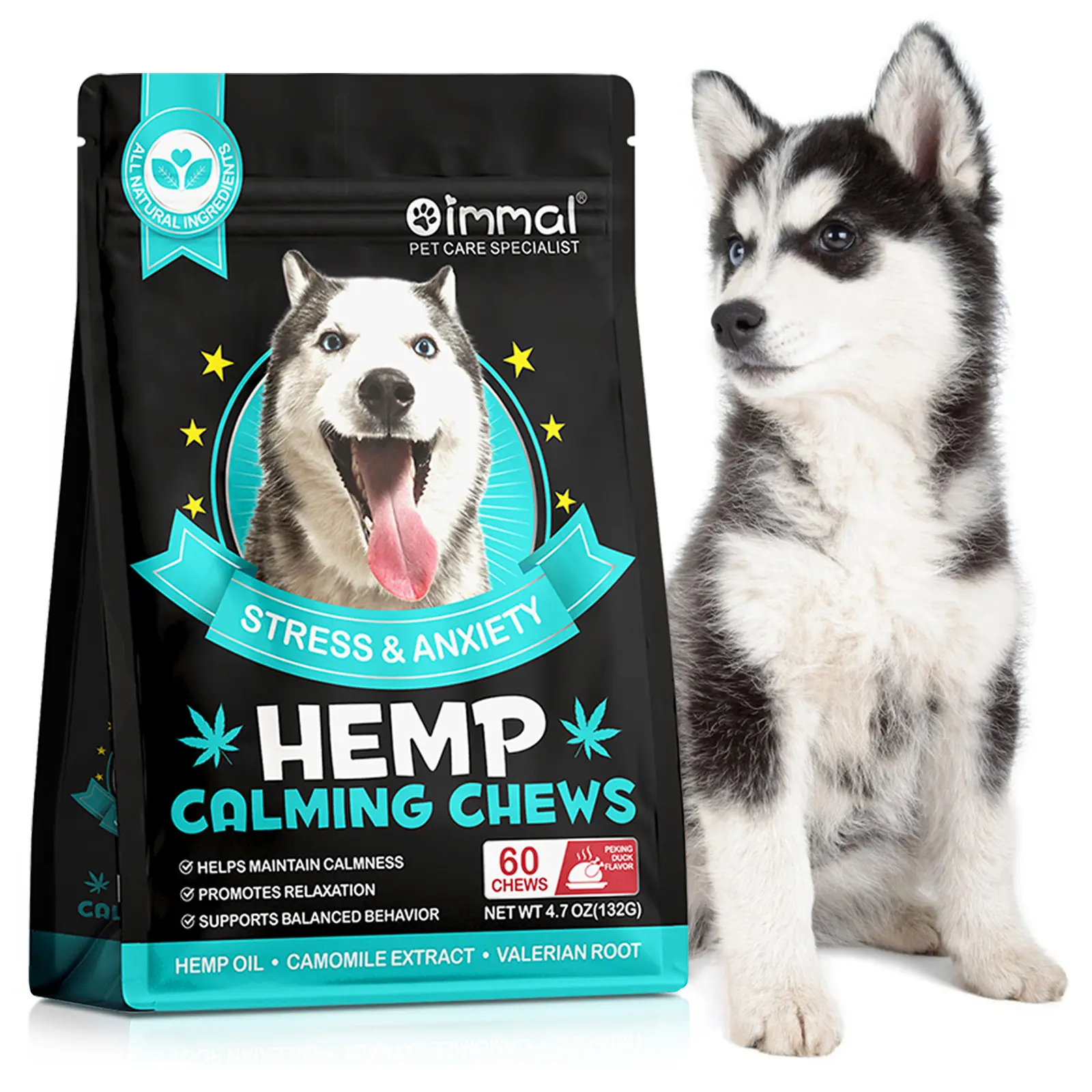 Oimmal Dog Calming Chews - 60 Count Peking Duck Flavor Anxiety Relief Products, Separation Aid for Barking & Sleep Issues, Chew Format