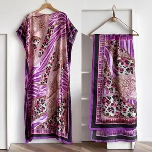Chic Women's 2-Piece Purple Leopard Print Polyester Loungewear MooMoo Set - Long-Sleeve Kimono Robe, Matching Headscarf, Fashion Vibe Accessory