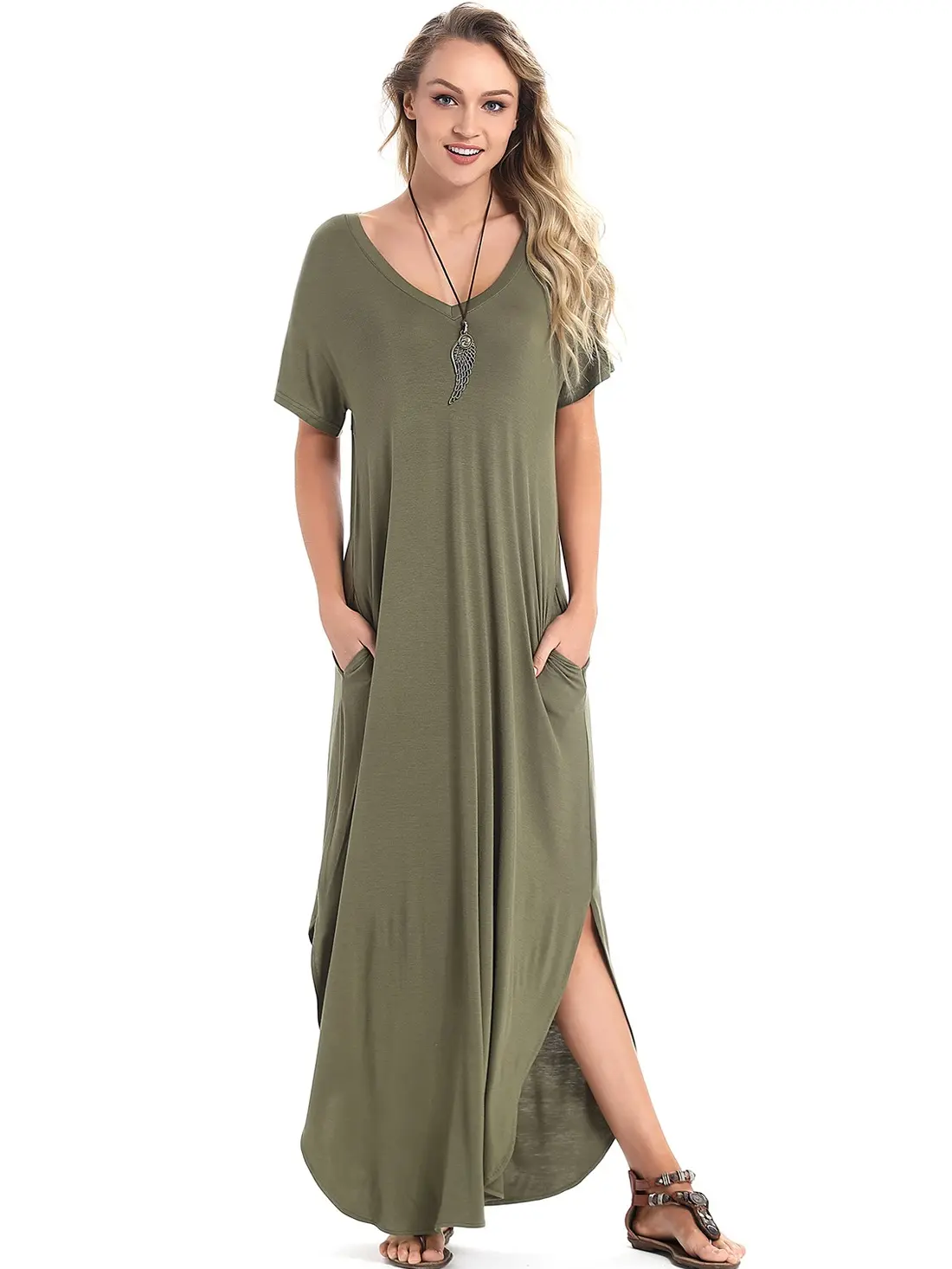 Arolina Women's Casual V-Neck Maxi Dress - Short Sleeve, Feminine Summer Style with Pockets and Side Split, Smooth Tie Dye Floral Print, School, Accessories, Day, Shortsleeve, Stretchy, Birthday, Bohemian, Polyester, Pregnancy, Everyday